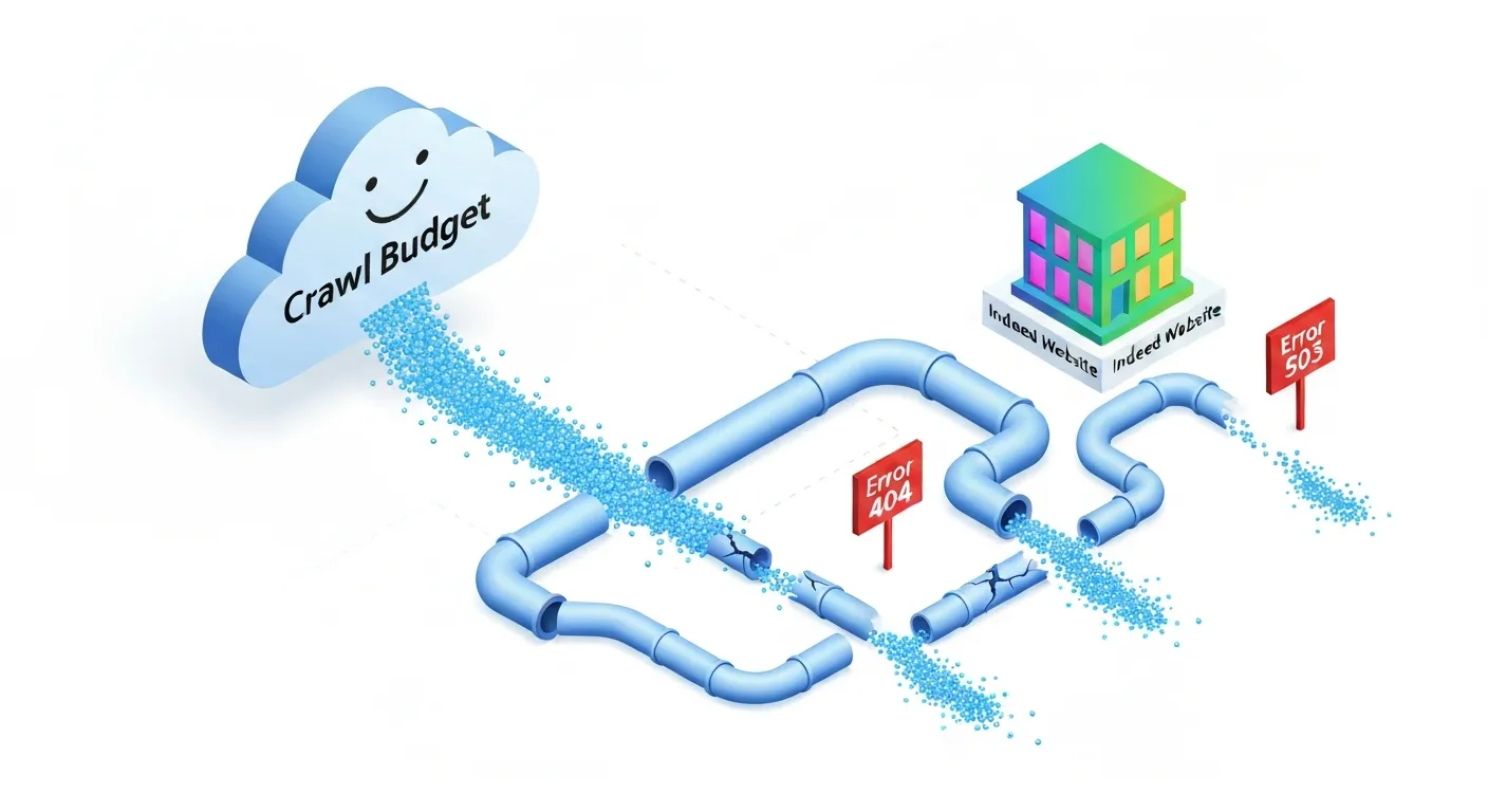 An isometric illustration showing the concept of a website's 'Crawl Budget' being wasted. Data flows from a cloud labeled 'Google' through pipes, but some pipes are broken and leaking, labeled '404' and '500', while the intact pipe successfully reaches a thriving website.