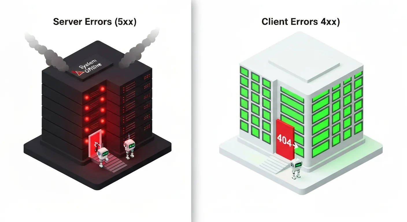 A comparative illustration of Server-side (5xx) vs. Client-side (4xx) errors. On the left, a whole server building is offline with red alerts, blocking a robot. On the right, a server building is running, but one specific door is locked with a 404 sign, blocking the robot from that single page.