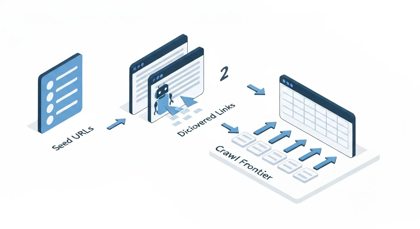 Infografika ilustrująca proces działania crawlera: robot startuje od listy stron (Seed URLs), odwiedza je, odkrywa nowe linki i dodaje je do dużej, uporządkowanej kolejki (Crawl Frontier) do dalszej analizy.
