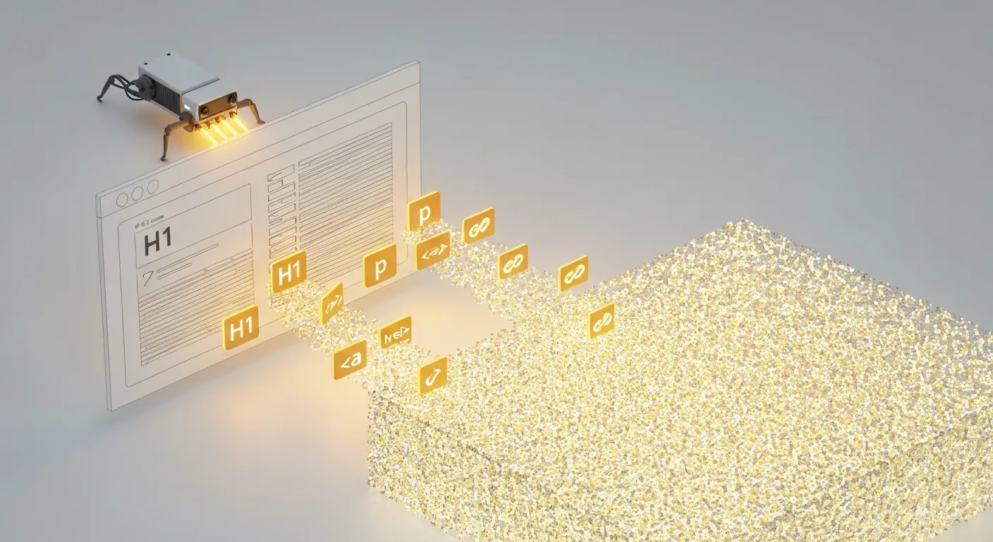 Wizualizacja procesu indeksacji: crawler analizuje kod strony internetowej, wyodrębnia kluczowe dane takie jak nagłówki H1, tekst i linki, a następnie przekazuje je do uporządkowanej bazy danych wyszukiwarki (indeksu).