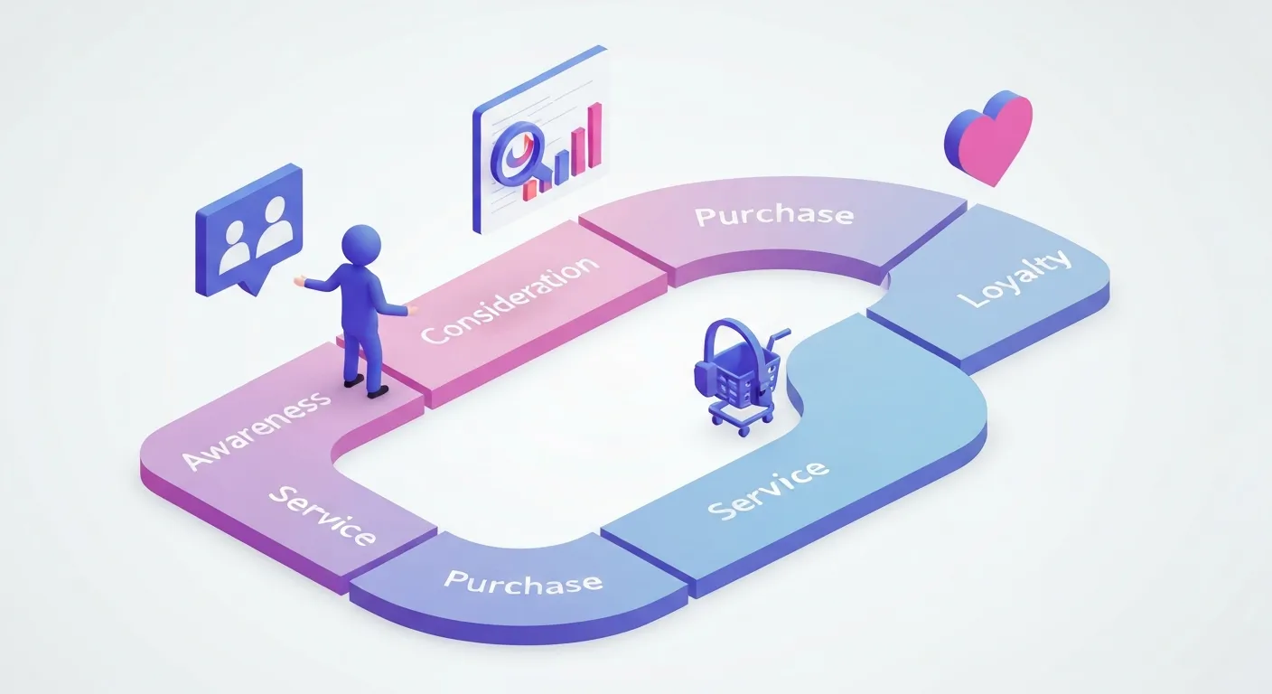An isometric 3D illustration of a customer journey map, showing a customer's path through stages like Awareness, Purchase, and Loyalty, with icons for different touchpoints.