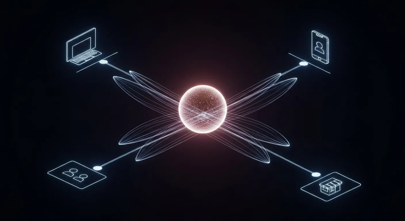 An abstract visualization of an omnichannel customer experience, showing a customer at the center seamlessly connected to a website, mobile app, social media, and a physical store.