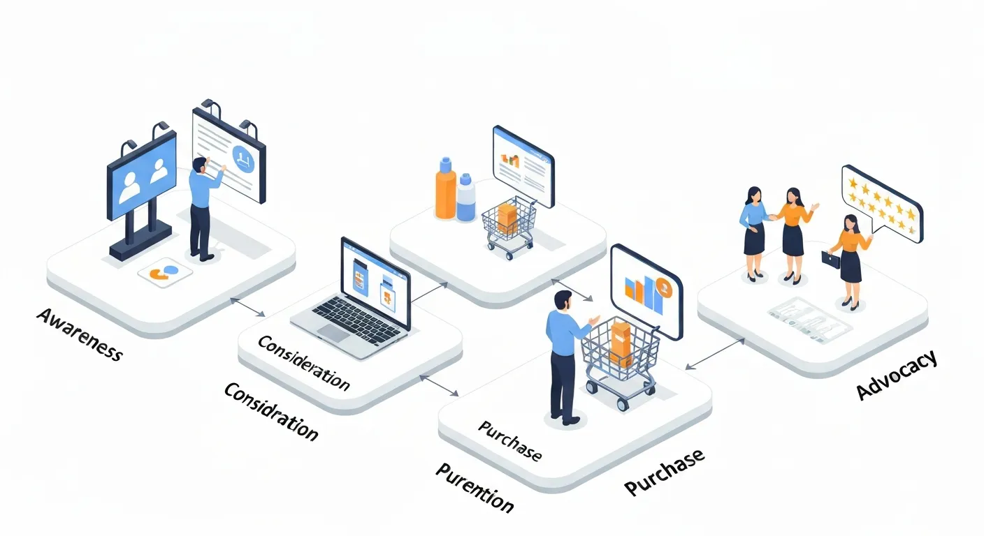 Infografika w stylu izometrycznym przedstawiająca pięć kluczowych etapów podróży klienta: Świadomość, Rozważanie, Zakup, Retencja i Lojalność, każdy z etapów zilustrowany odpowiednimi ikonami i postaciami.