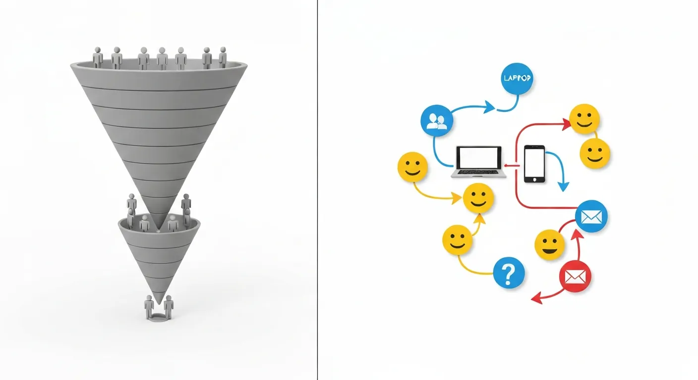 Wizualne porównanie tradycyjnego lejka sprzedażowego z nowoczesną mapą podróży klienta. Lejek jest prosty i linearny, podczas gdy mapa podróży jest złożona, nielinearna i skoncentrowana na kliencie.