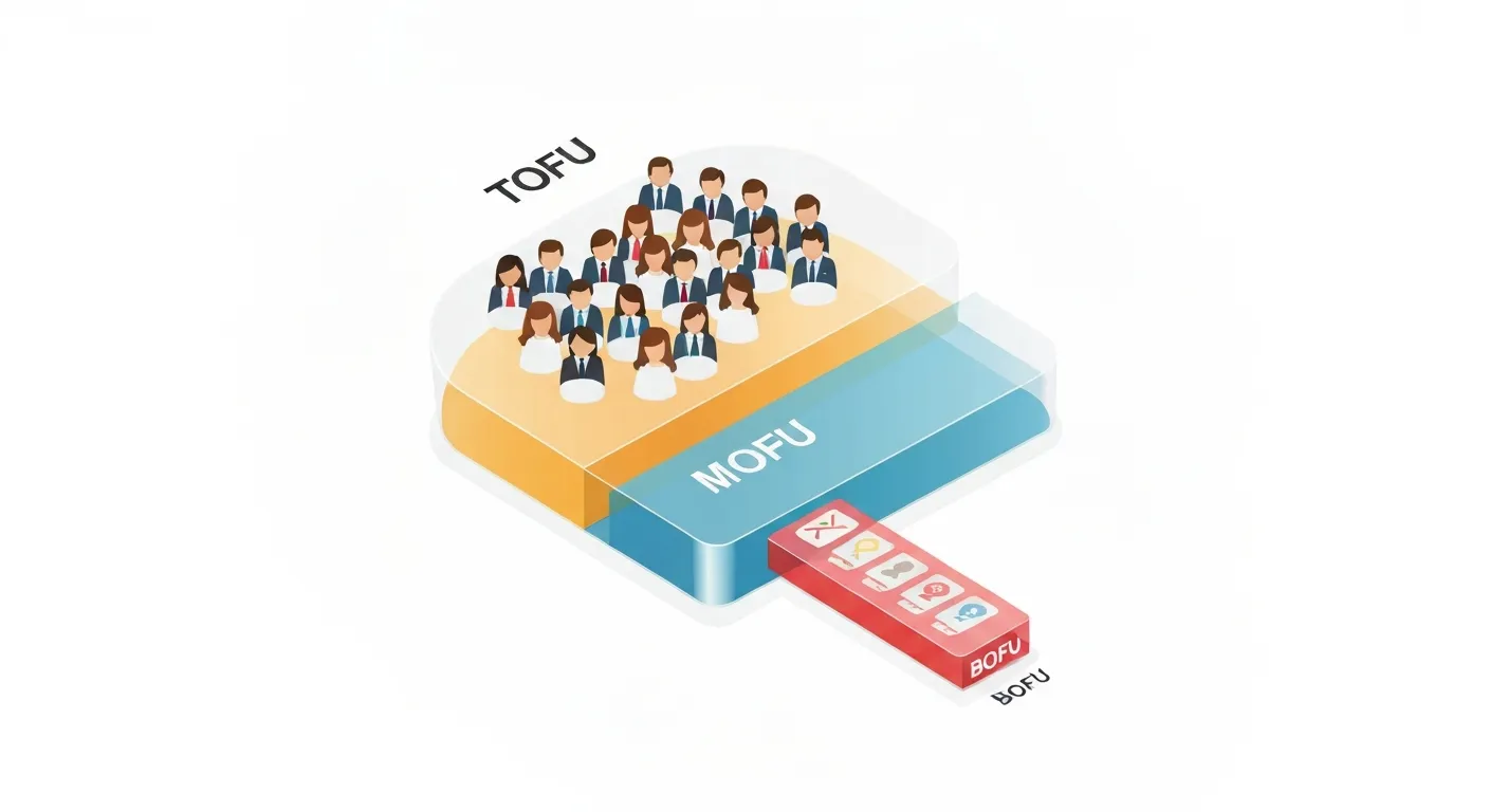 Izometryczna ilustracja lejka sprzedażowego podzielonego na etapy (TOFU, MOFU, BOFU), pokazująca, że idealna częstotliwość reklam jest inna dla każdej grupy docelowej, od niskiej dla nowych odbiorców po wyższą dla klientów bliskich konwersji.