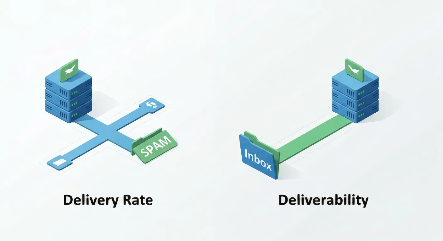 An isometric diagram comparing 'Delivery Rate' and 'Deliverability'. On one side, emails are accepted by a server but then get sorted into inbox and spam folders. On the other side, emails go directly into the main inbox, representing high deliverability.