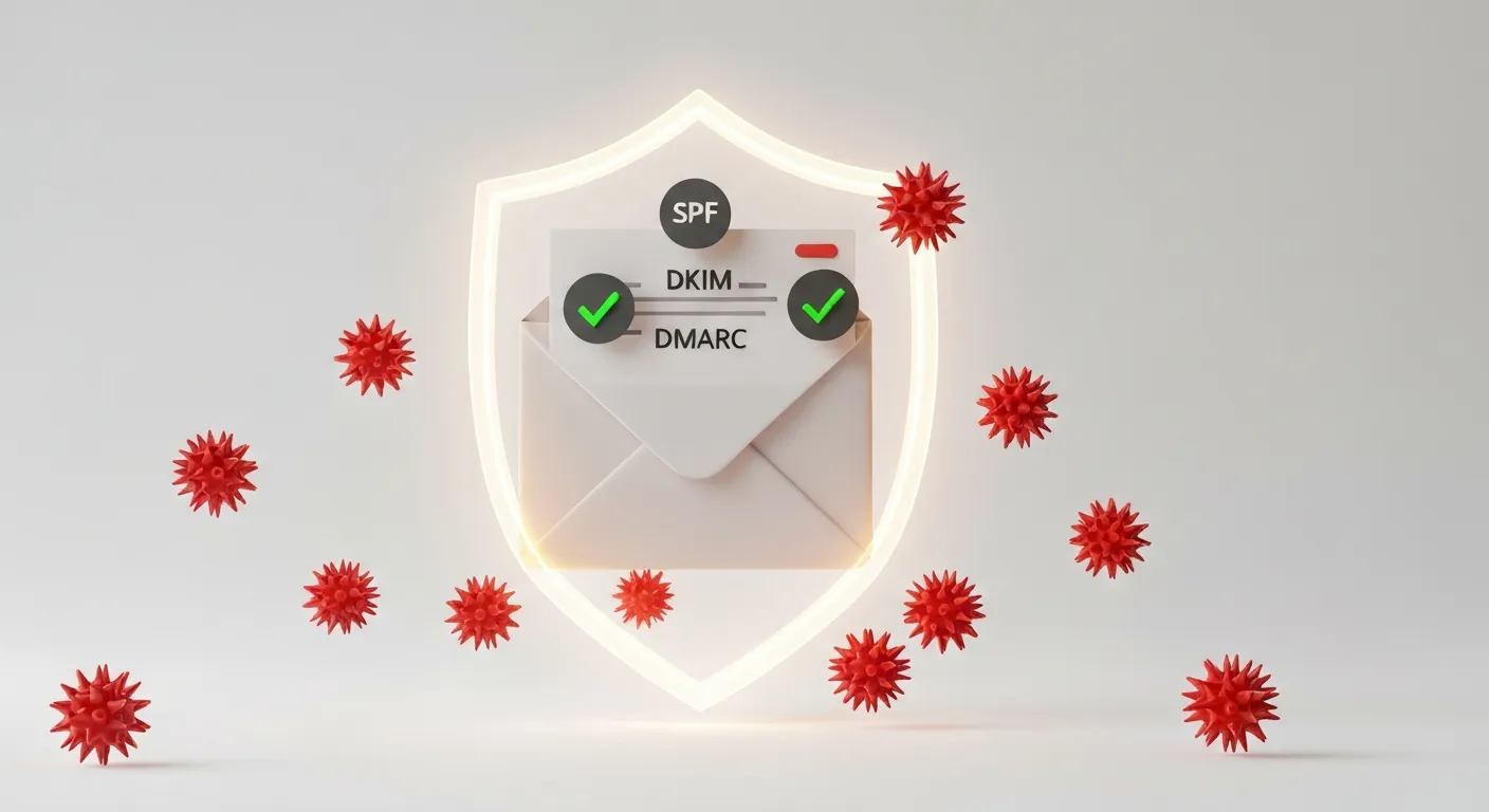 An abstract illustration symbolizing email authentication. A digital shield with the letters SPF, DKIM, and DMARC is protecting an email envelope from threats, representing sender reputation and security.