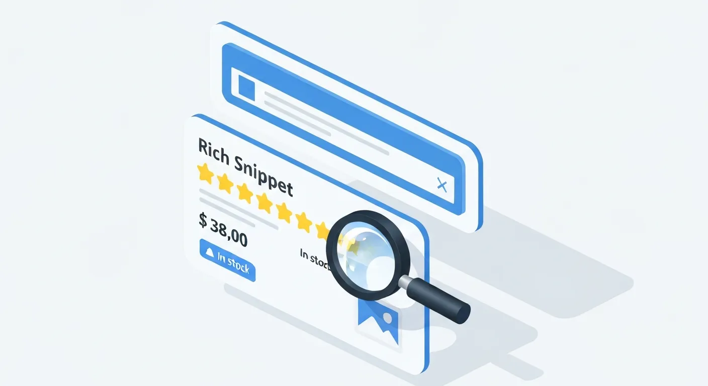 Porównanie wyników wyszukiwania Google. Jeden wynik jest standardowym niebieskim linkiem, a drugi to bogaty wynik (rich snippet) z gwiazdkami oceny, ceną i dostępnością produktu, co ilustruje korzyści z danych strukturalnych.