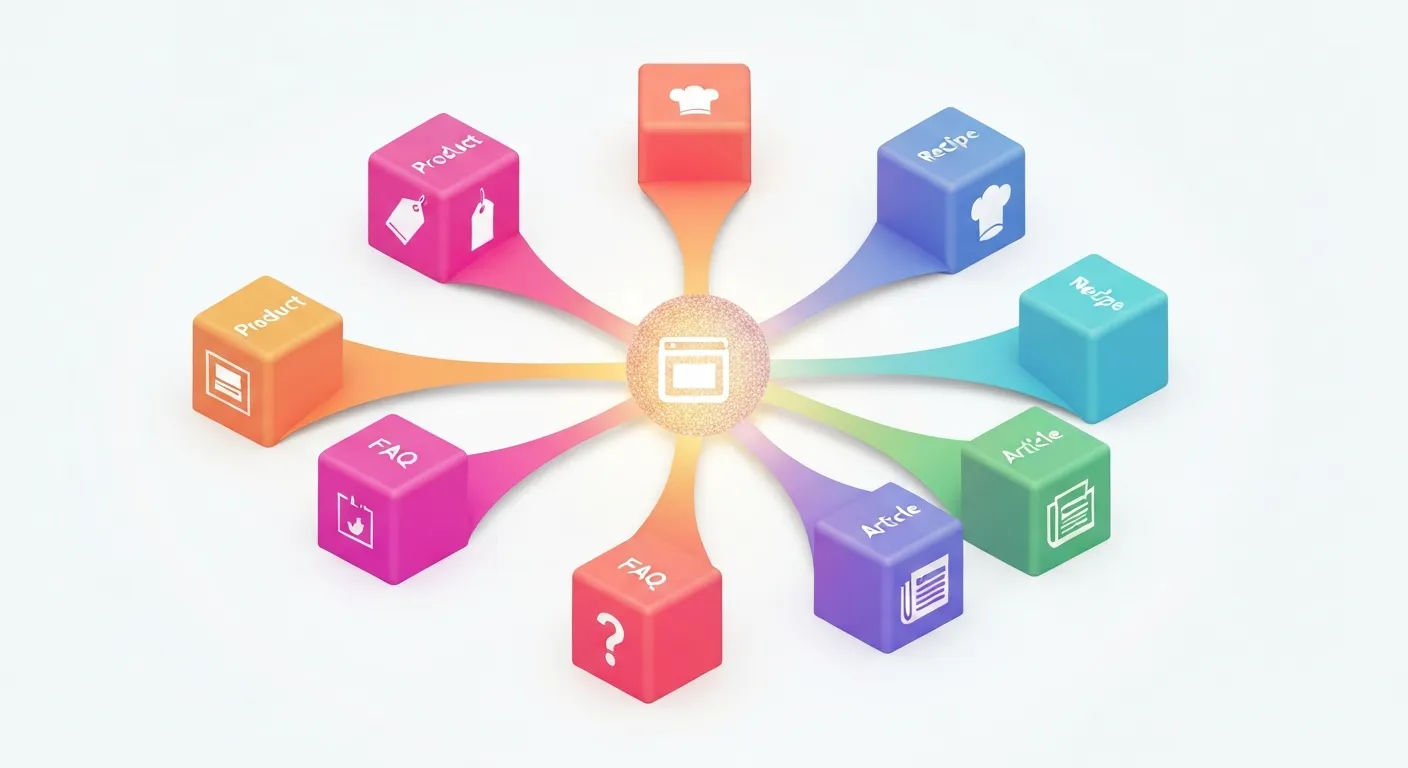 Grafika przedstawiająca różne popularne typy danych strukturalnych (schema markup) - Produkt, Przepis, FAQ i Artykuł - jako kolorowe, oznakowane kostki danych płynące ze strony internetowej do centralnego procesora symbolizującego Google.