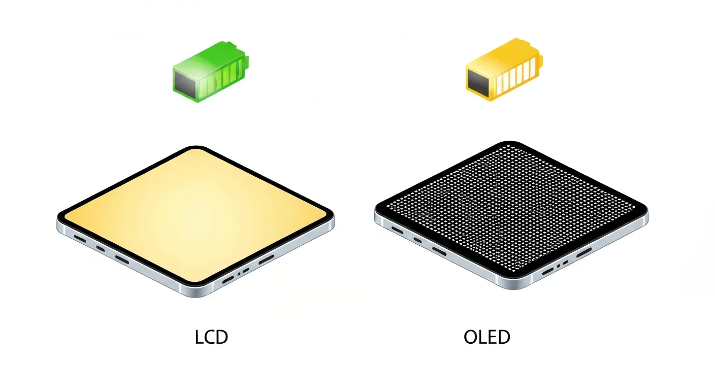 An isometric illustration comparing how OLED and LCD screens work, showing an OLED screen saving power by turning off black pixels for dark mode, contrasted with an LCD screen with a constant backlight.