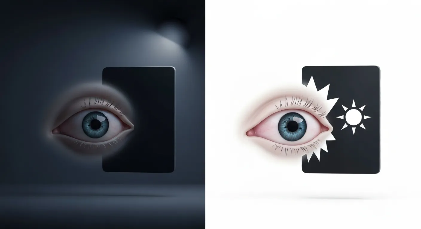 An abstract illustration depicting the pros and cons of dark mode for eye comfort, showing a relaxed eye in a dark environment and a strained eye trying to view a screen in bright sunlight.