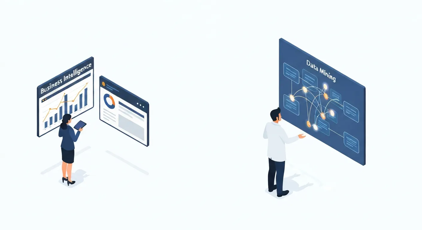 Ilustracja porównująca Business Intelligence (BI) z Data Mining. Po lewej stronie analityk patrzy w przeszłość na prosty wykres słupkowy. Po prawej, specjalista data mining patrzy w przyszłość na złożoną, predykcyjną siatkę danych wskazującą przyszłe trendy.