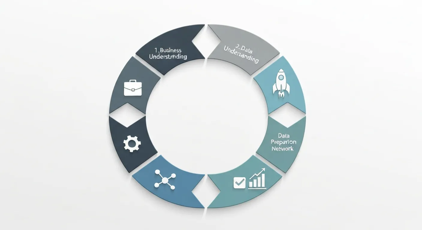 Cykl życia projektu data mining przedstawiony jako okrągły diagram zgodnie z metodologią CRISP-DM. Sześć etapów: Zrozumienie Biznesowe, Zrozumienie Danych, Przygotowanie Danych, Modelowanie, Ewaluacja i Wdrożenie, każdy z odpowiednią ikoną.