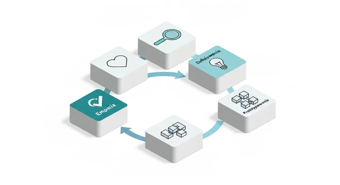 An isometric infographic illustrating the five cyclical stages of the design thinking process: Empathy, Define, Ideate, Prototype, and Test. Each stage is represented by a distinct 3D icon on a separate platform, connected by arrows to show the iterative flow of the methodology.