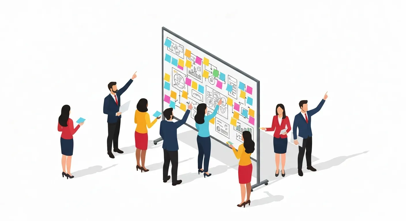 A dynamic scene showing a diverse team of professionals actively engaged in the ideation phase of design thinking. They are gathered around a large whiteboard covered in colorful sticky notes, sketches, and mind maps, collaboratively generating ideas.