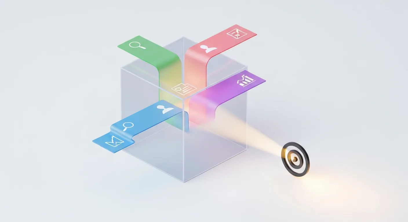 Schemat pokazujący, jak algorytm Google Ads analizuje wiele sygnałów – intencję zapytania, stronę docelową i dane o konwersjach – aby skutecznie wykorzystać dopasowanie przybliżone.