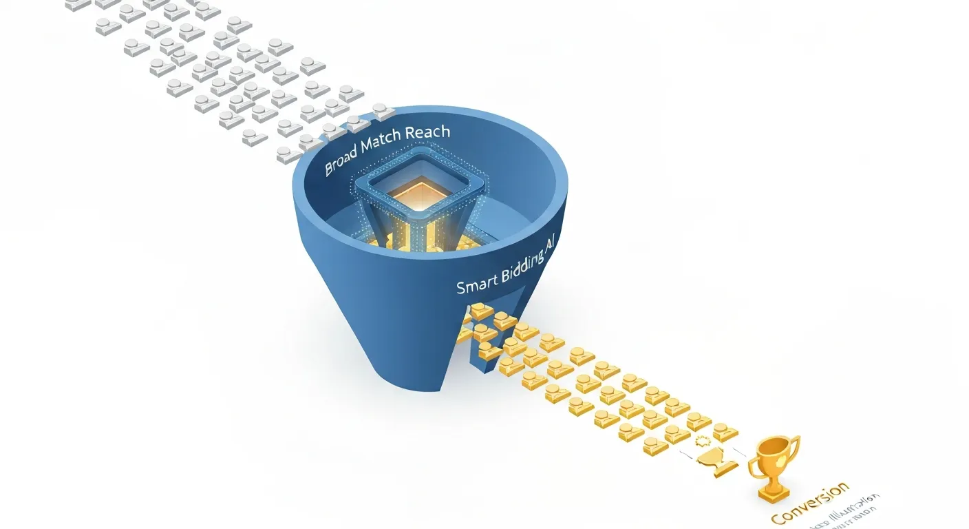Ilustracja lejka marketingowego pokazująca synergię dopasowania przybliżonego i Smart Biddingu. Szeroki strumień ruchu jest filtrowany, aby wyłonić tylko najbardziej wartościowych użytkowników.