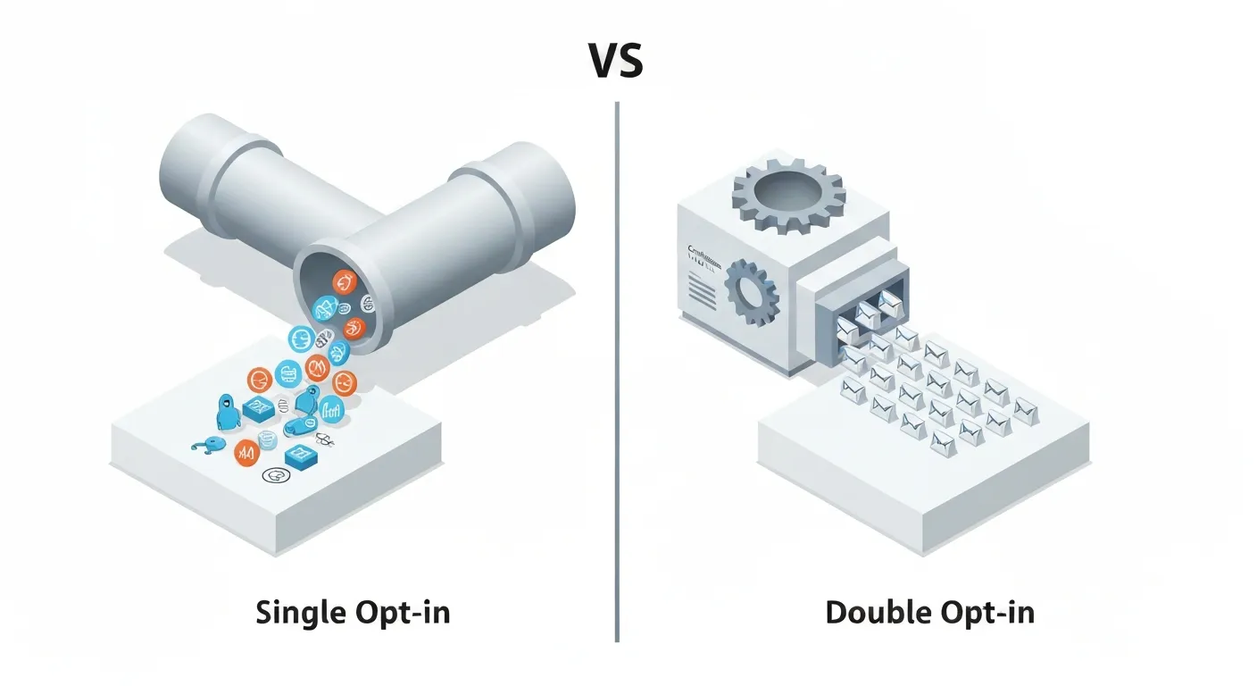 Graficzne porównanie procesów single opt-in i double opt-in. Z lewej strony widać chaotyczny strumień różnych adresów e-mail (w tym błędnych) trafiający bezpośrednio do bazy. Z prawej strony lejek filtrujący z napisem 'Weryfikacja' przepuszcza do bazy tylko zweryfikowane, wysokiej jakości kontakty.