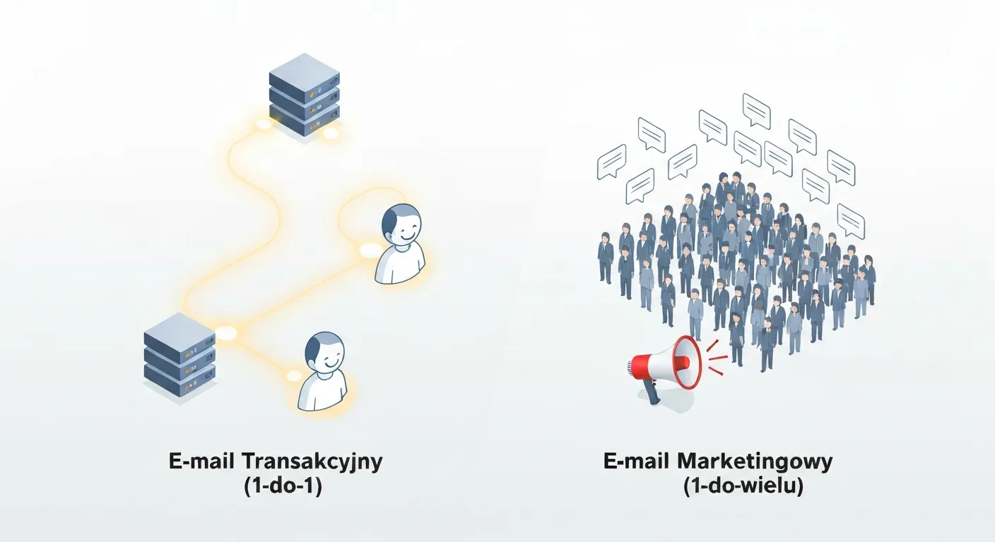 A visual comparison between a direct one-to-one transactional email and a one-to-many marketing email, highlighting the personal nature of transactional communication.