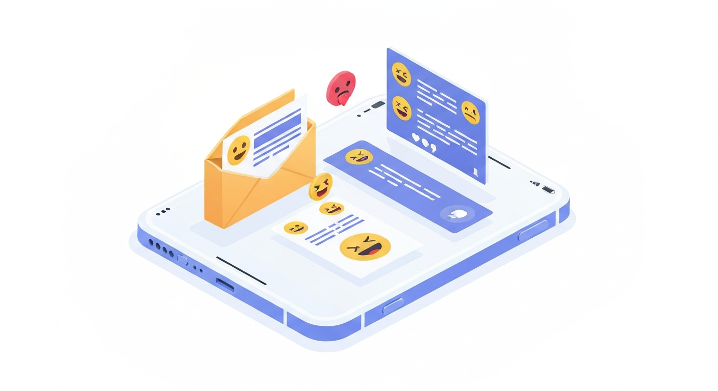 Isometric illustration depicting emoji icons integrated into email marketing and social media posts on a mobile phone, symbolizing increased engagement.