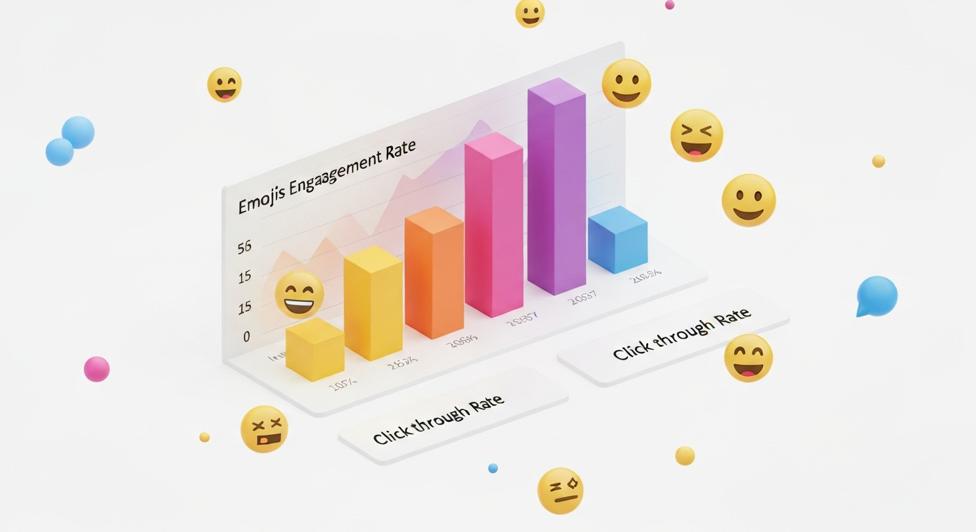A clean data visualization illustrating the positive impact of emoji usage on marketing KPIs, such as engagement rate and click-through rate, displayed as ascending bar graphs.