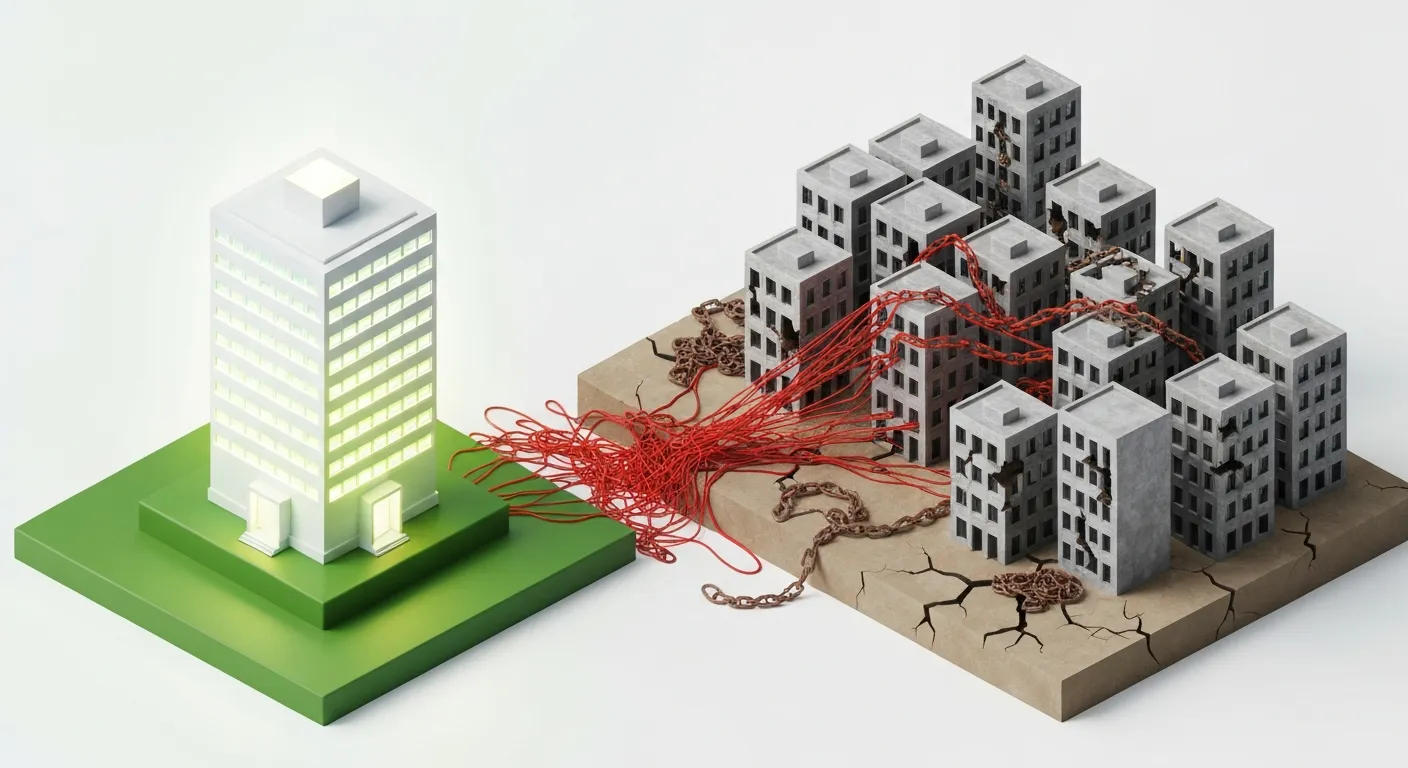An isometric illustration explaining how a link farm works. A clean, modern, white building labeled 'Your Website' sits on a green island. It is being bombarded by numerous tangled, rusty, broken chains originating from a cluster of dilapidated, gray, identical-looking buildings on a separate, barren island, representing the link farm.