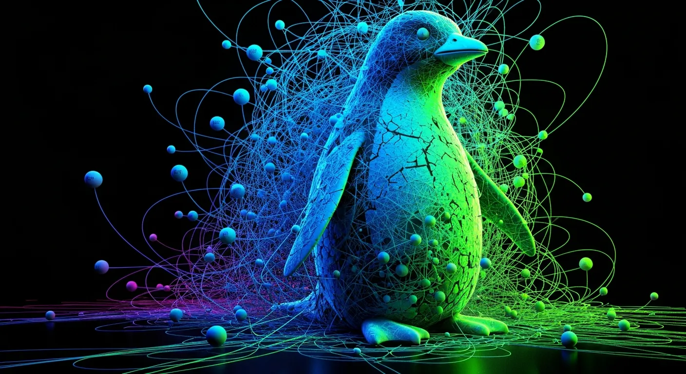 An abstract illustration of a Google penalty. A large, stylized, geometric penguin, representing the Google Penguin algorithm, stands over a bar graph. The penguin has just slammed its flipper down, causing the tallest bars of the graph to shatter and collapse, symbolizing a sudden and dramatic drop in website rankings and visibility.