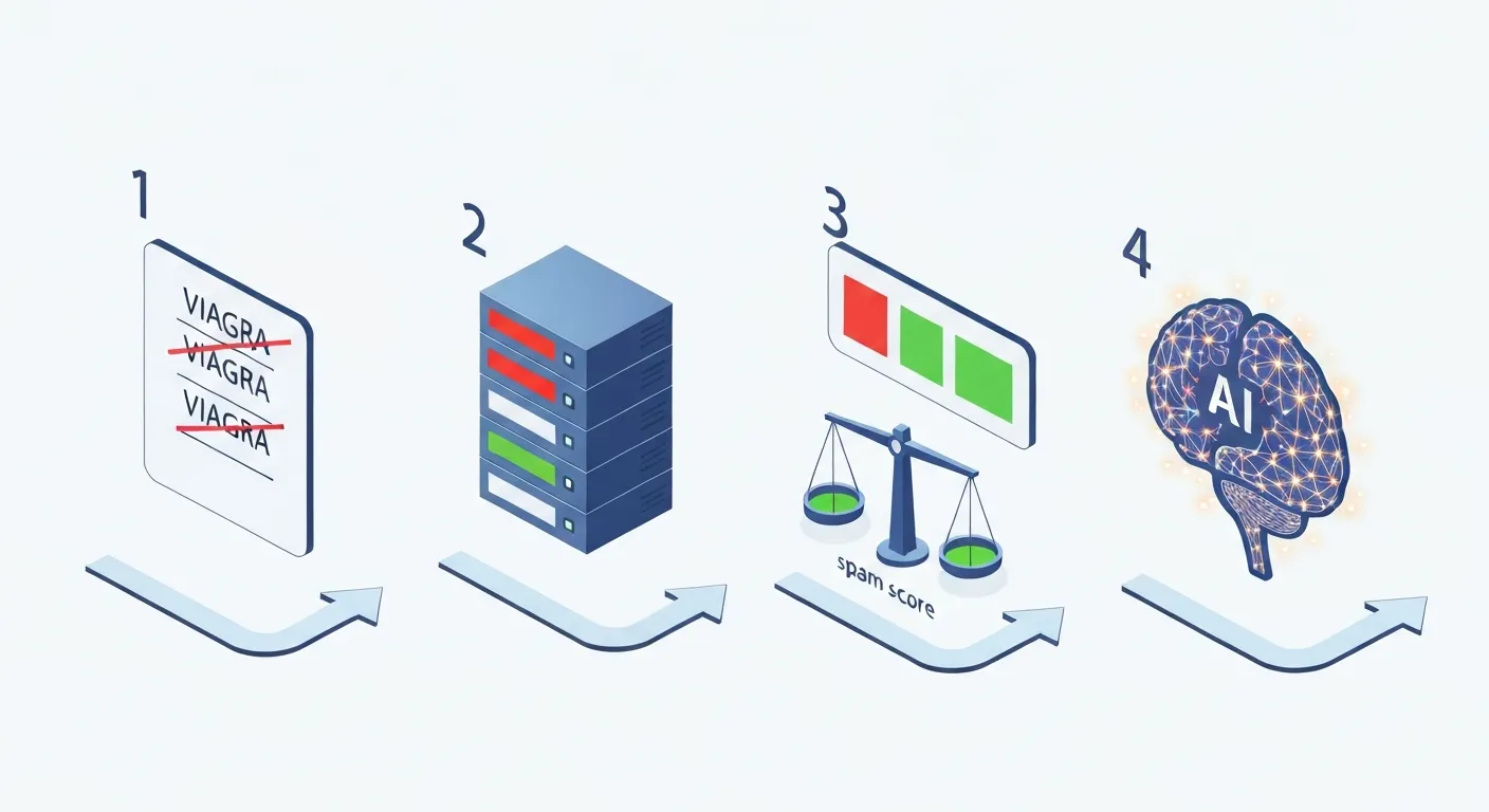 Infografika przedstawiająca ewolucję filtrów antyspamowych, od prostego filtrowania słów kluczowych, przez czarne listy, aż po zaawansowane sieci neuronowe sztucznej inteligencji.