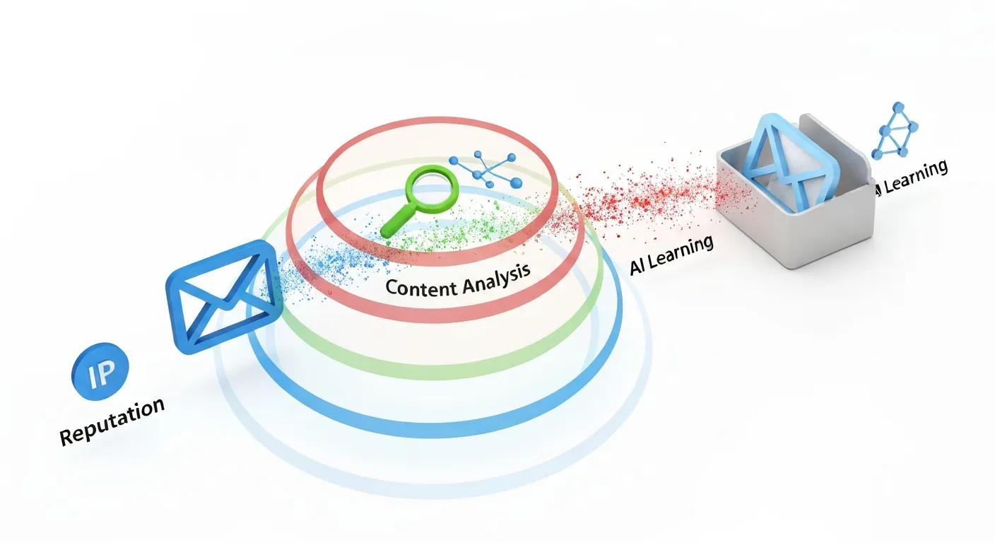 Schemat wielowarstwowego działania nowoczesnego filtra antyspamowego. E-mail przechodzi przez warstwy analizy reputacji, treści i struktury, zanim trafi do skrzynki odbiorczej.