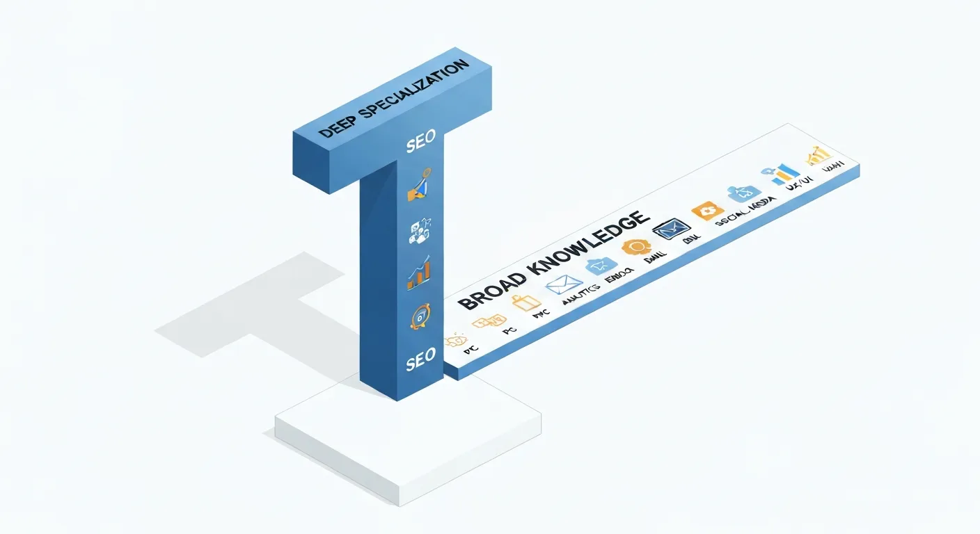 An abstract illustration of the T-shaped marketer concept. A large letter 'T' shows deep expertise in one area (the vertical bar) and broad knowledge across many other marketing fields (the horizontal bar).