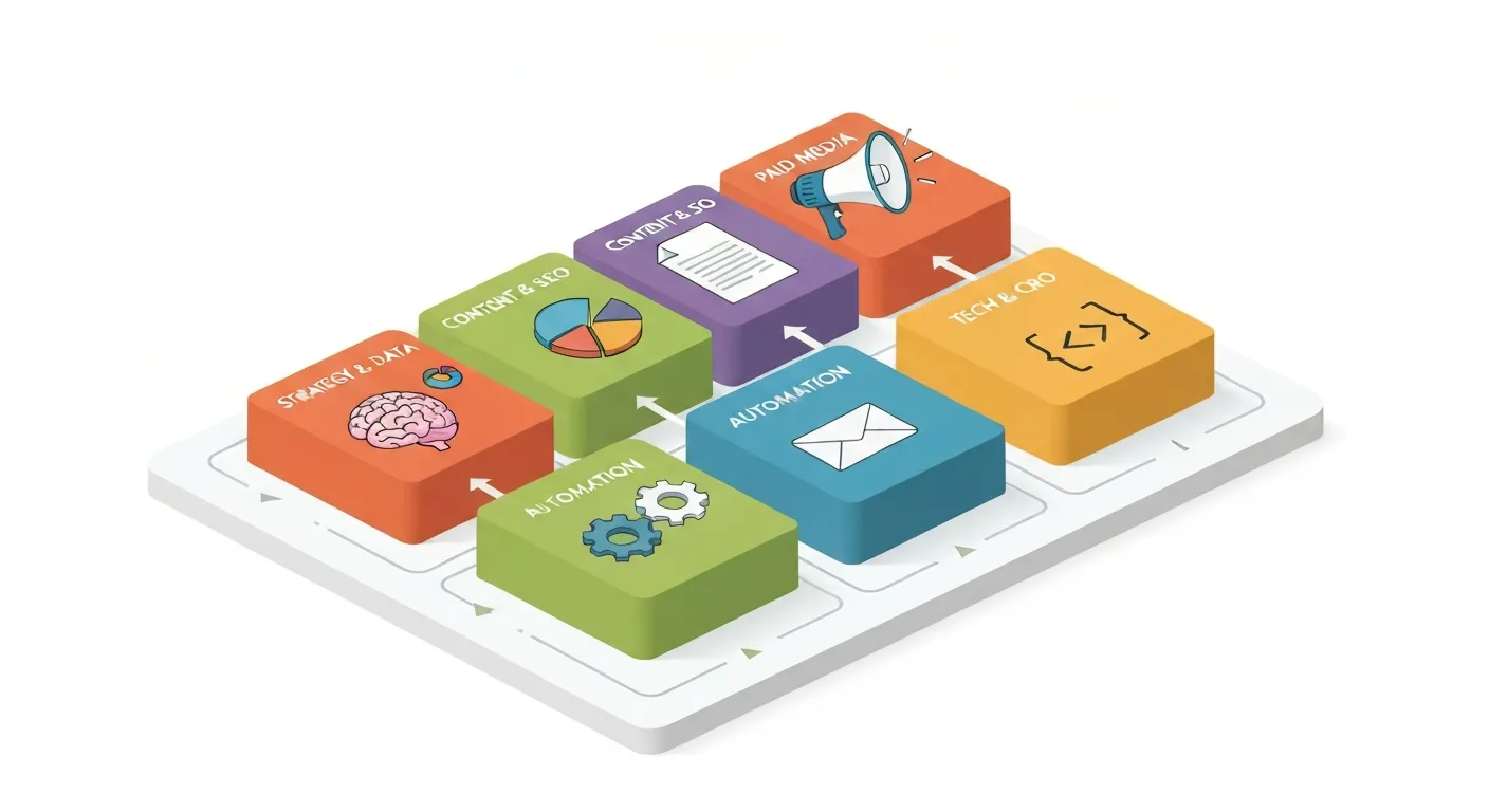 An isometric illustration showing the core pillars of full stack marketing—Strategy, Content, Paid Media, Automation, and Technology—as interconnected modules in a cohesive system.