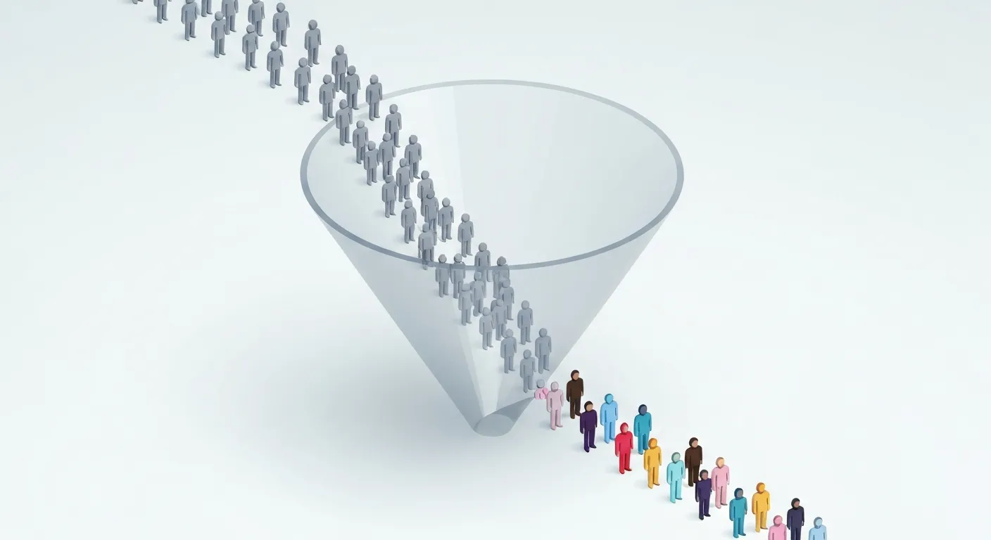 An isometric business illustration of a lead qualification funnel. A large group of generic, gray human figures enters the top of a sleek digital funnel, and a smaller group of distinct, colorful figures emerges from the bottom, symbolizing the process of filtering anonymous traffic into high-quality leads.