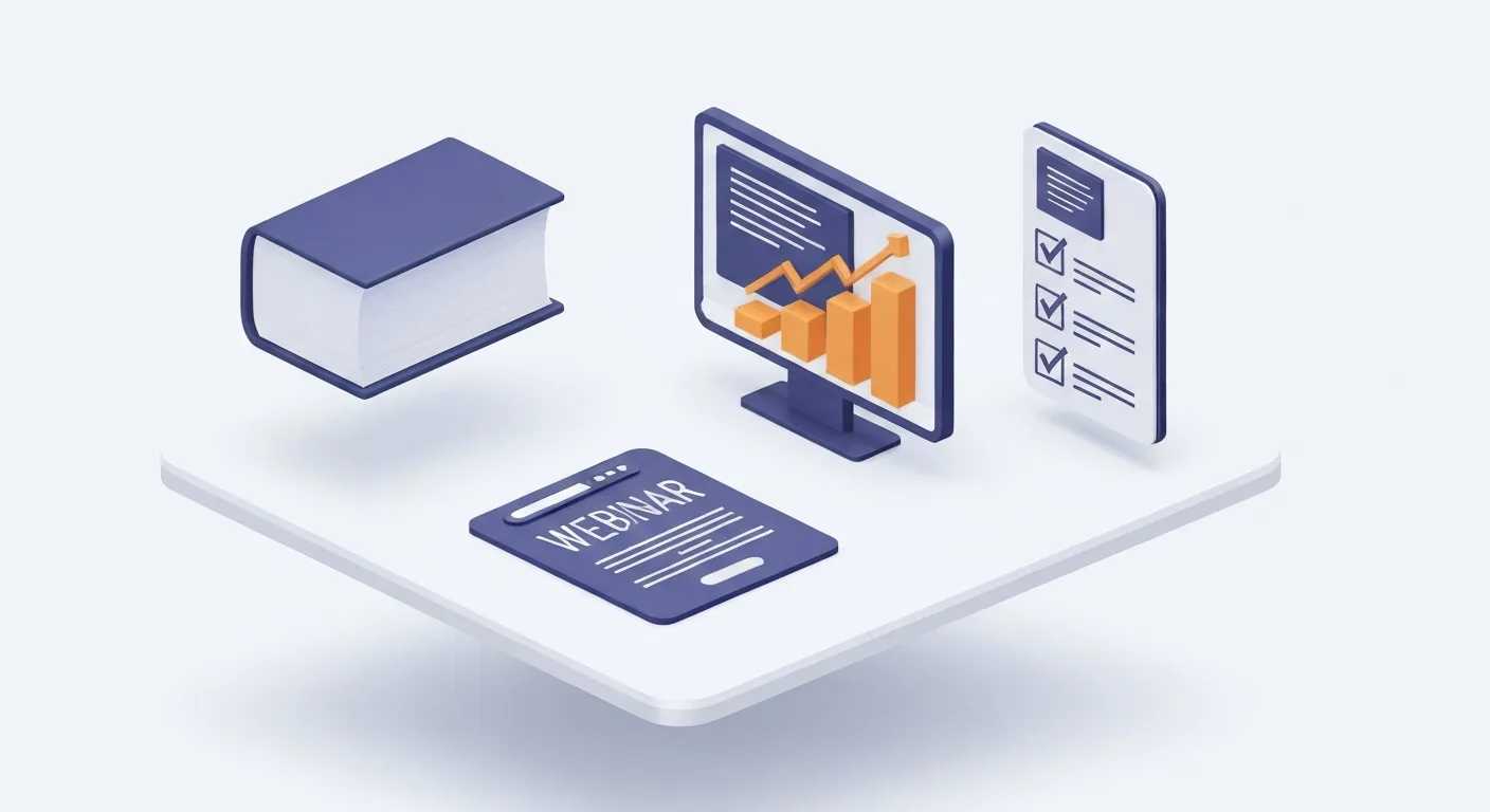An isometric 3D illustration showcasing various types of digital gated content. On a clean platform, there are stylized icons for an e-book, a financial report with charts, a webinar video player, and a checklist template, all looking premium and valuable.