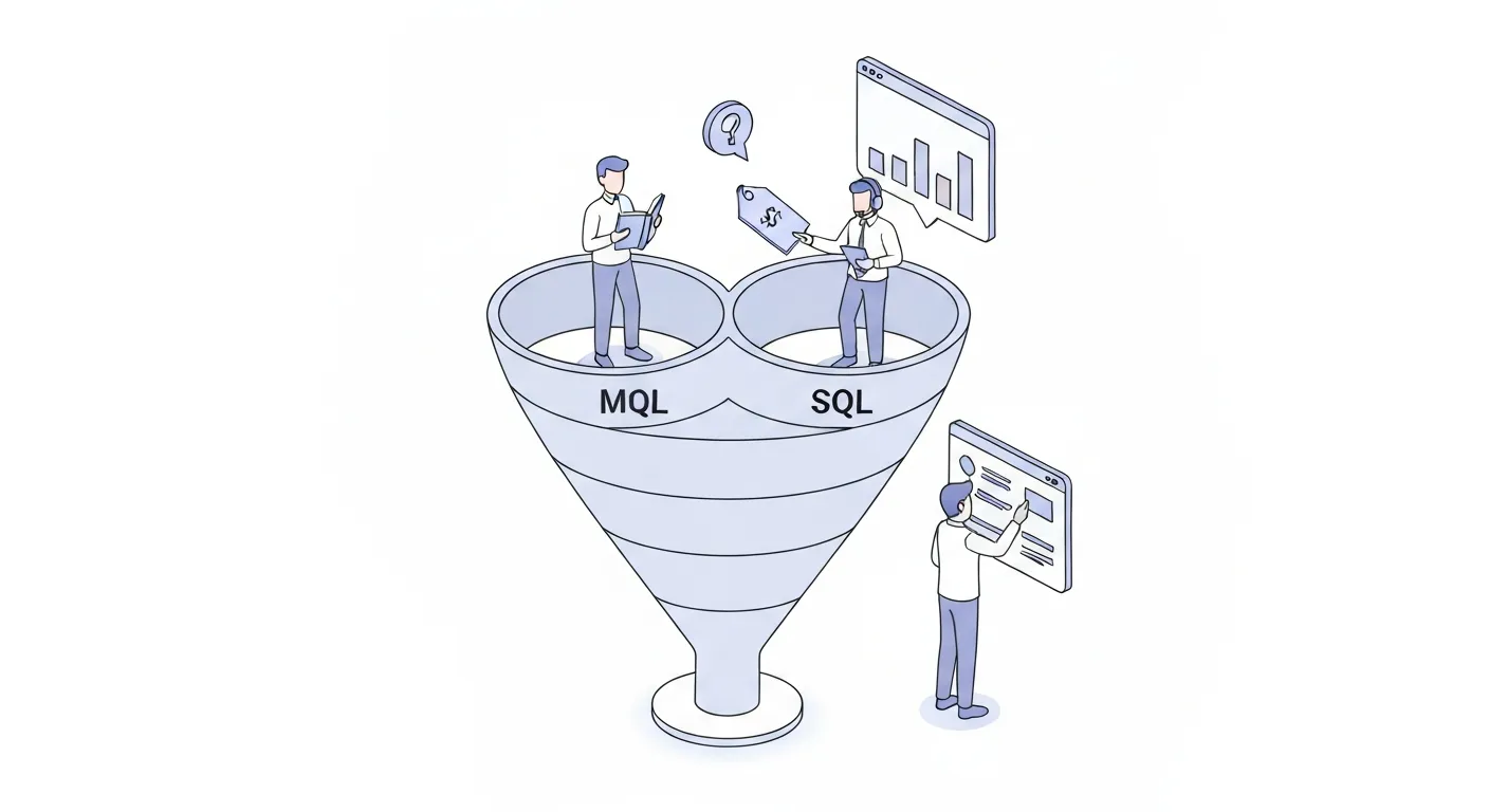 Izometryczna ilustracja przedstawiająca klasyfikację leadów biznesowych. Obrazek pokazuje trzystopniowy lejek z ikonami reprezentującymi Lead Kwalifikowany Marketingowo (MQL) angażujący się w treść, Lead Kwalifikowany Sprzedażowo (SQL) gotowy do rozmowy handlowej oraz Lead Kwalifikowany Produktowo (PQL) korzystający z oprogramowania.