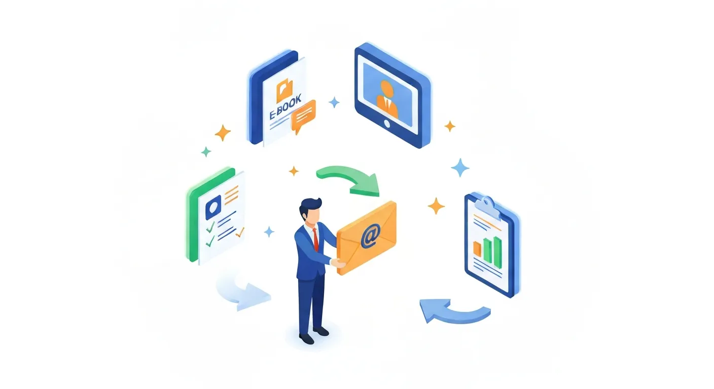 Izometryczna ilustracja koncepcji "magnesu na leady". W centrum znajduje się postać reprezentująca klienta, a wokół niej unoszą się ikony różnych magnesów na leady: e-book, ekran webinaru, checklista i raport. Użytkownik przekazuje ikonę e-mail w zamian za te zasoby, co symbolizuje wymianę wartości w procesie generowania leadów.