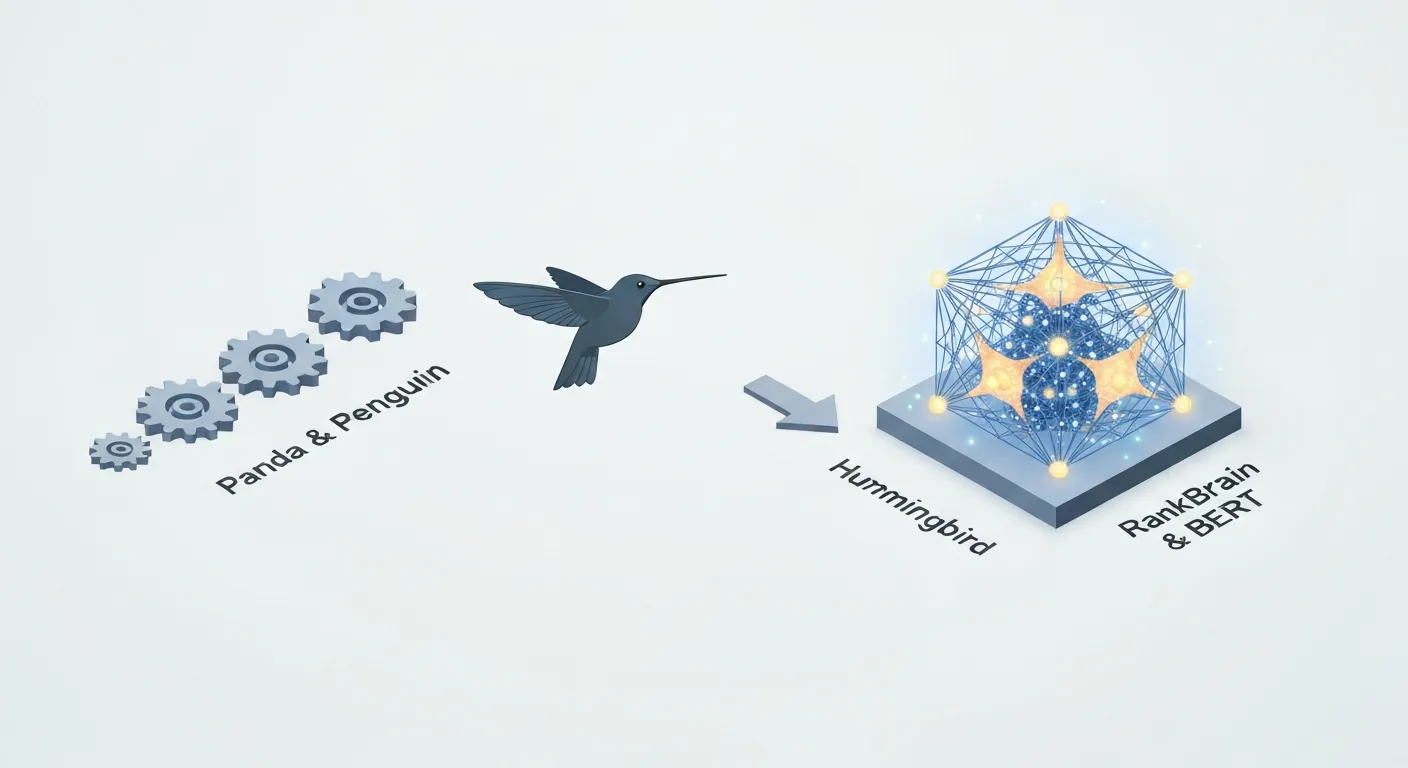 An isometric illustration showing a timeline of Google's algorithm updates. It starts with simple gears labeled 'Panda' and progresses to a complex, glowing brain labeled 'BERT' and 'MUM', visually explaining the shift from simple rules to sophisticated AI that understands language.