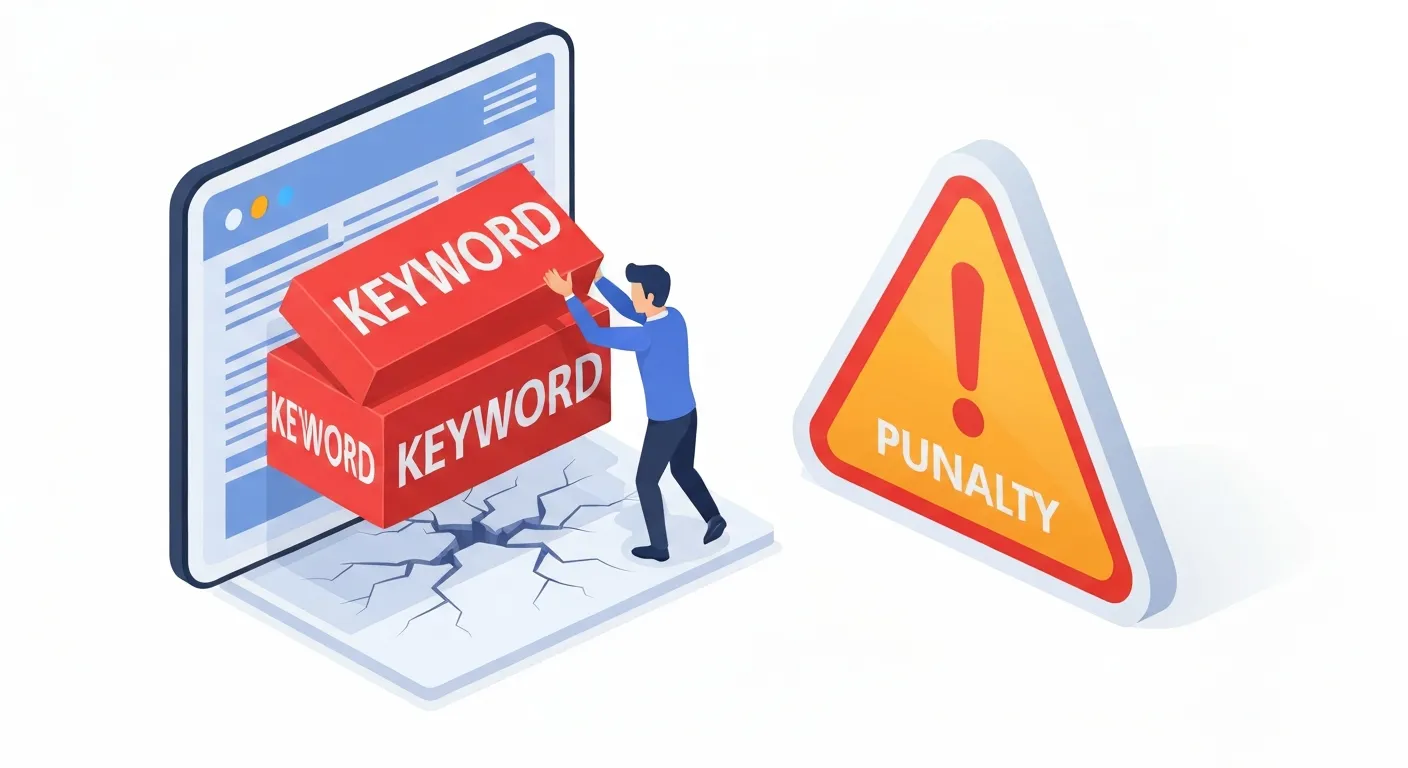 A clear, cautionary illustration of 'keyword stuffing'. A character is forcefully pushing an excessive number of blocks labeled 'KEYWORD' onto a website layout, which is cracking under the pressure. A large red warning symbol is nearby, indicating this is a penalized practice.