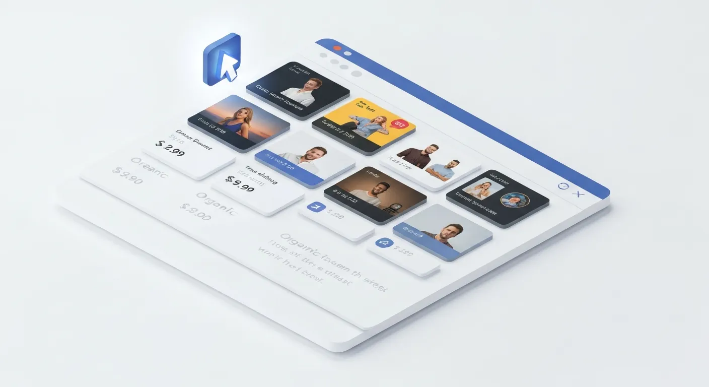 An isometric illustration of a web search results page, where visually rich Google Shopping product ads at the top clearly stand out and attract more user attention than the standard text ads below.