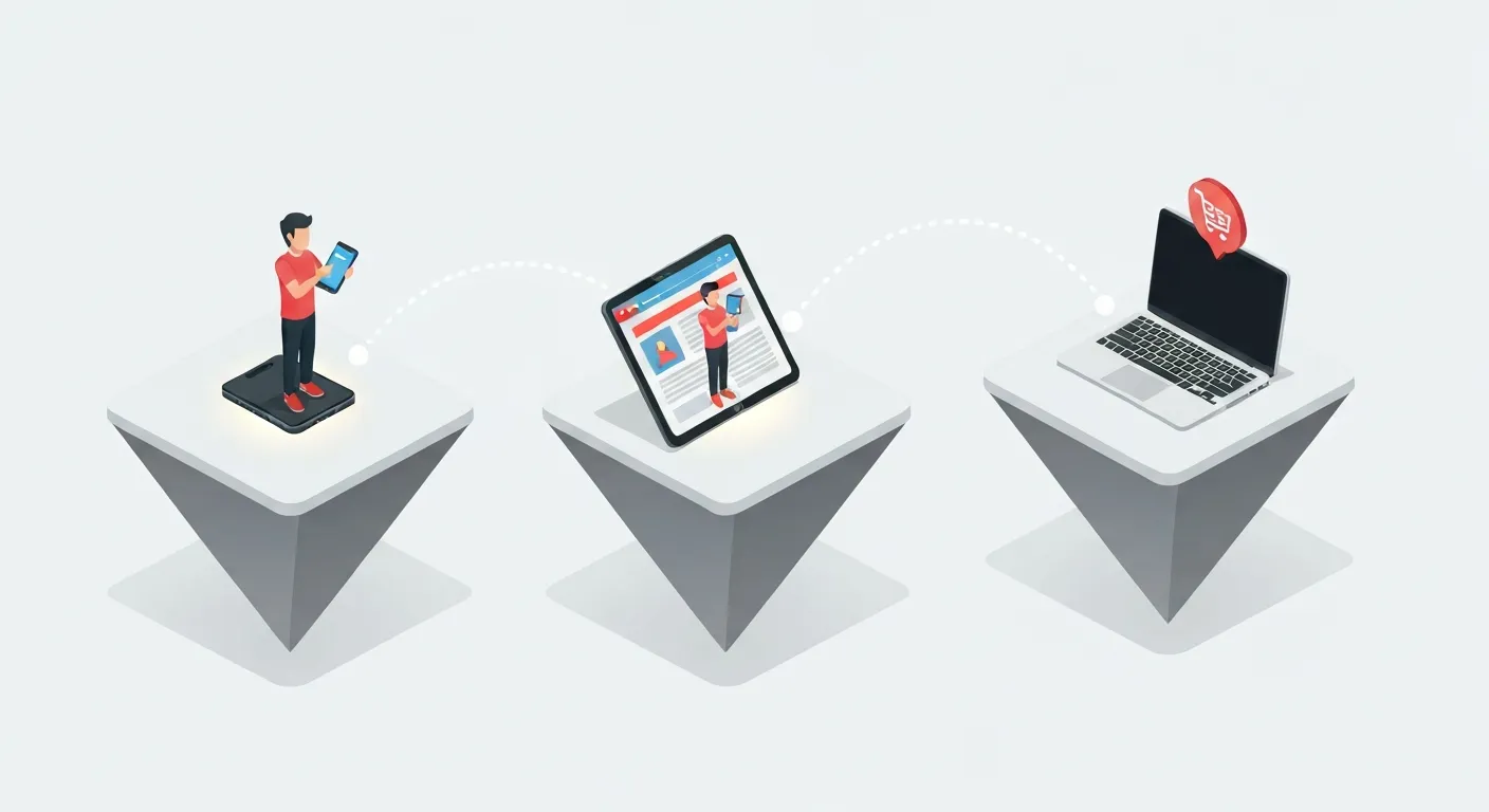 Ilustracja izometryczna pokazująca ścieżkę klienta na różnych urządzeniach dzięki Google Signals. Widoczne są trzy etapy: użytkownik na smartfonie widzi reklamę, następnie na tablecie przegląda produkt, a na końcu na laptopie dokonuje zakupu. Wszystkie etapy są połączone linią, co symbolizuje jedną, spójną podróż.