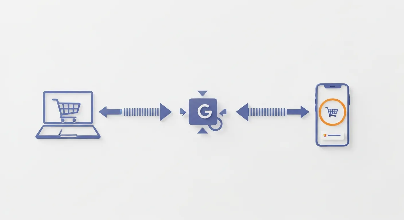 Schemat wizualny przedstawiający remarketing wieloplatformowy. Po lewej stronie użytkownik porzuca koszyk na laptopie. Strzałka prowadzi do centralnej ikony Google Analytics, a stamtąd kolejna strzałka wskazuje na smartfon po prawej stronie, na którym ten sam użytkownik widzi spersonalizowaną reklamę produktu z porzuconego koszyka.