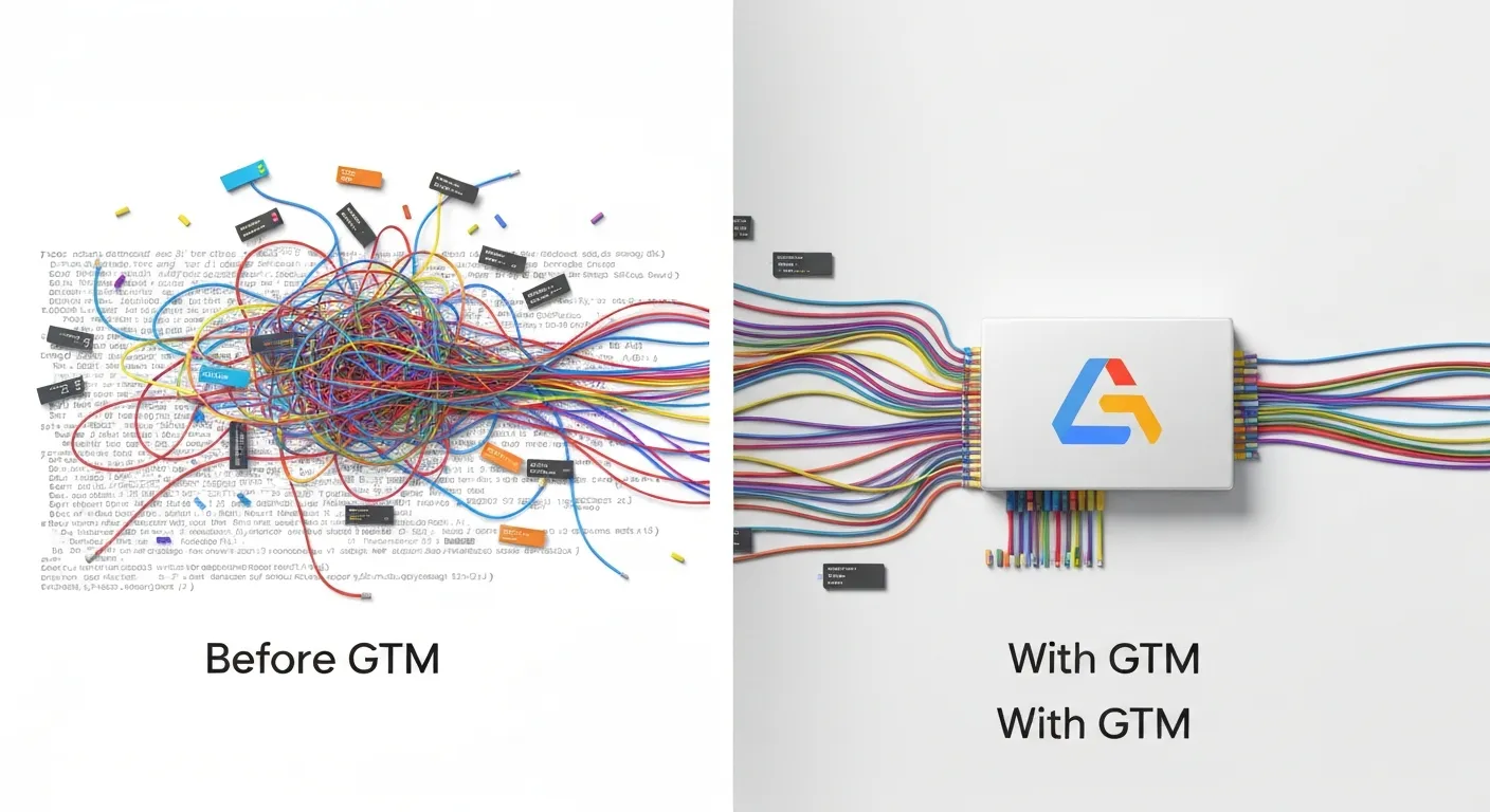 Ilustracja 'przed i po' pokazująca korzyści z wdrożenia Google Tag Managera. Po lewej stronie, pod hasłem 'Chaos', znajduje się stylizowany kod strony internetowej z wieloma splątanymi, kolorowymi kablami reprezentującymi różne skrypty. Po prawej, pod hasłem 'Porządek', te same kable są uporządkowane i podłączone do jednego, czystego kontenera z logo GTM, symbolizując centralizację i lepszą wydajność.