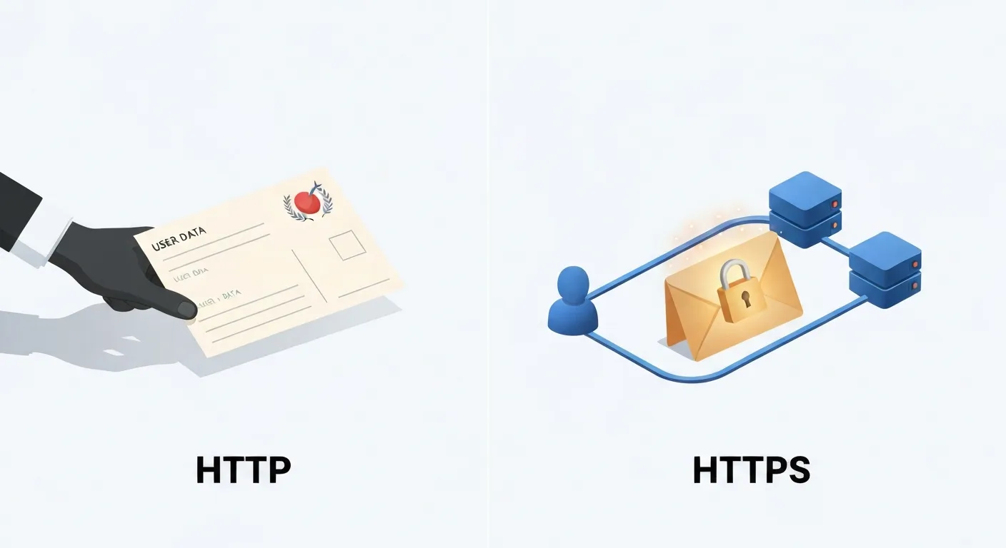 Ilustracja porównująca niezabezpieczoną komunikację HTTP, przedstawioną jako otwartą pocztówkę z widocznymi danymi, z bezpieczną komunikacją HTTPS, pokazaną jako zapieczętowana koperta z symbolem kłódki, demonstrująca szyfrowanie danych przez SSL.