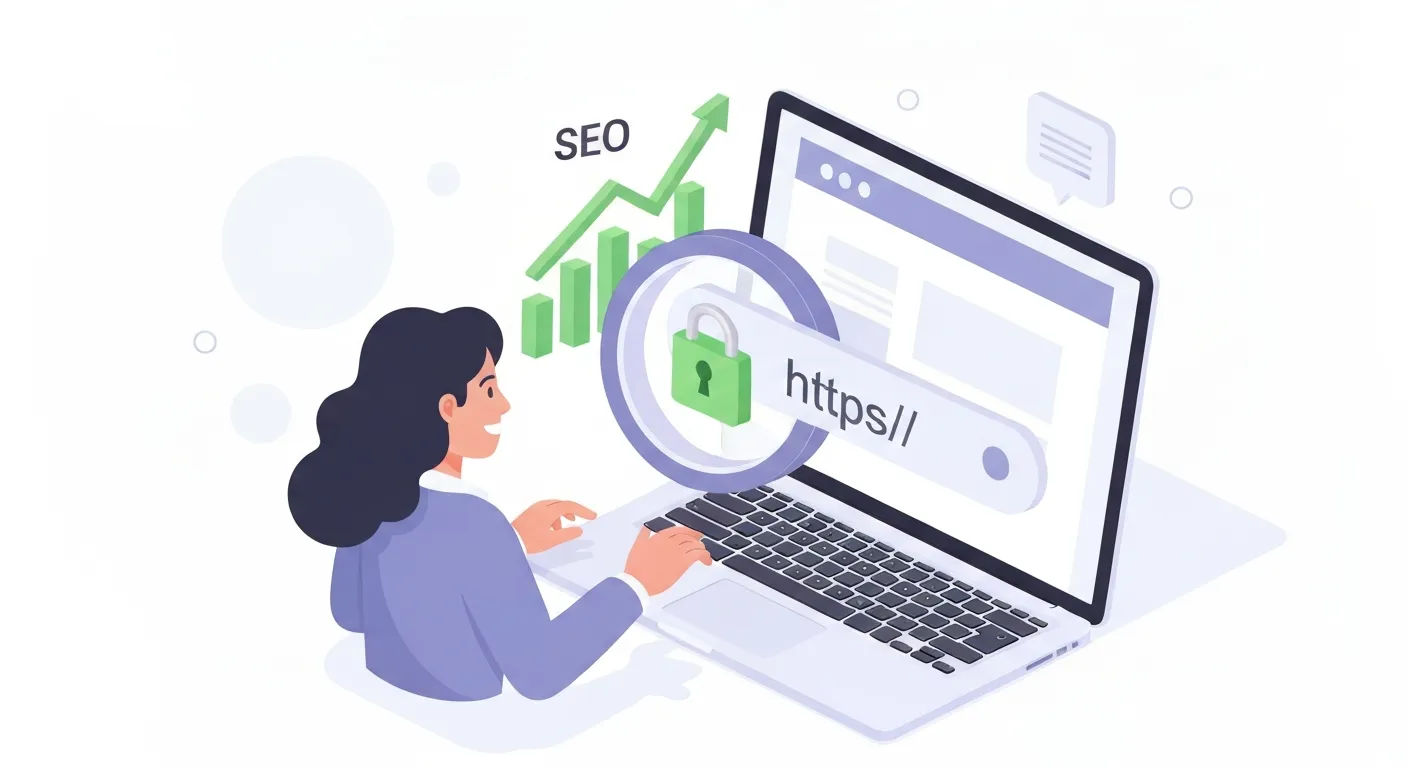 Użytkownik z zadowoleniem korzystający ze strony internetowej, z wyraźnie widoczną kłódką bezpieczeństwa i adresem HTTPS w pasku przeglądarki, co symbolizuje zaufanie klienta i pozytywny wpływ certyfikatu SSL na konwersję i SEO.