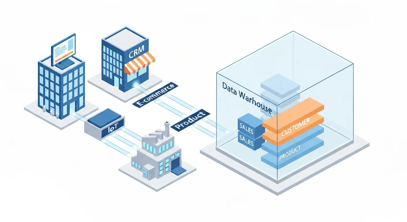 Izometryczna ilustracja architektury hurtowni danych, pokazująca, jak dane z różnych źródeł (CRM, e-commerce, IoT) są integrowane w centralnej, ustrukturyzowanej bazie danych, zorganizowanej tematycznie.