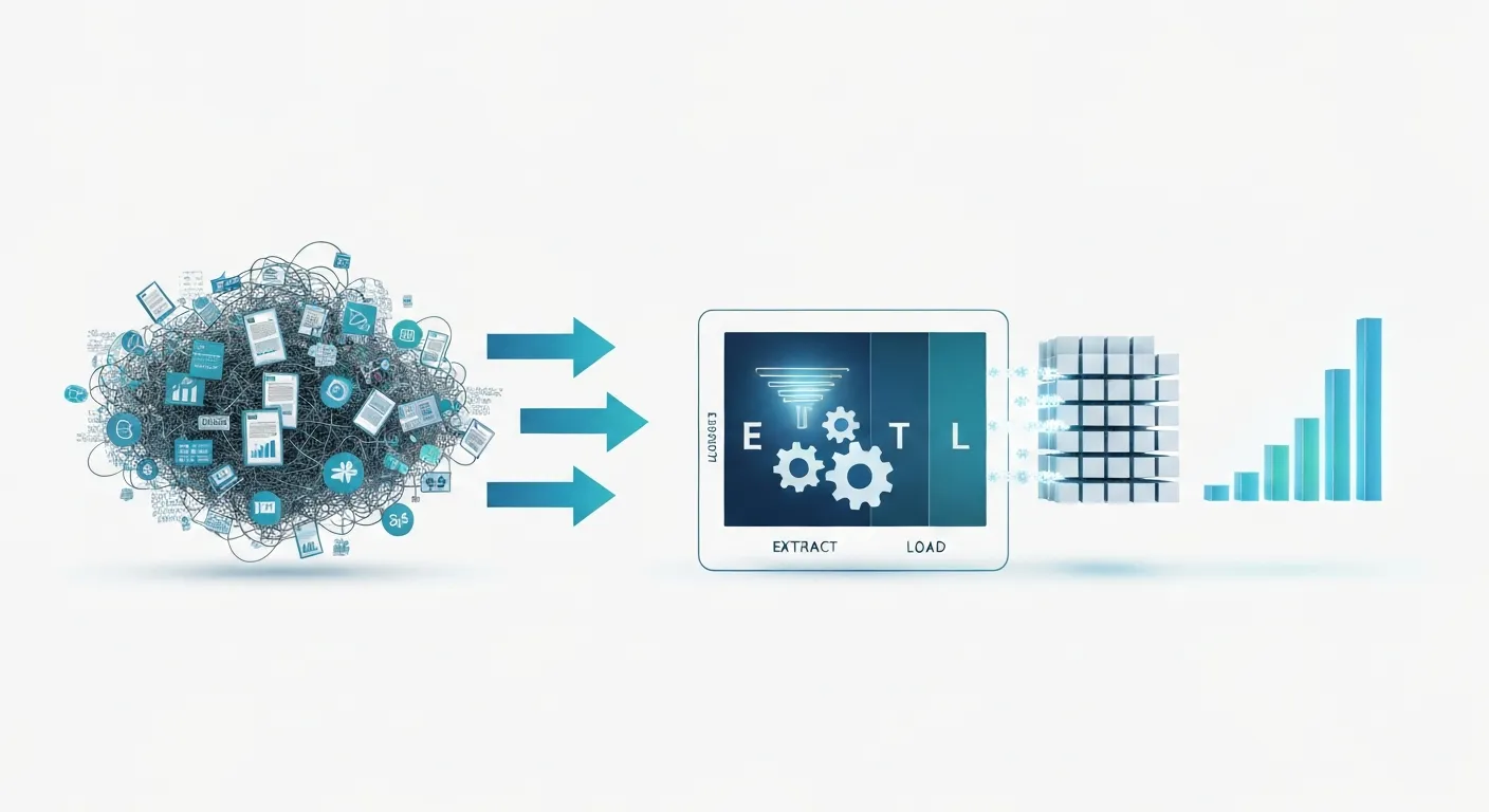 Infografika przedstawiająca proces ETL (Extract, Transform, Load). Surowe, chaotyczne dane są pobierane, następnie czyszczone i standaryzowane, a na końcu ładowane do hurtowni danych w postaci uporządkowanych informacji.