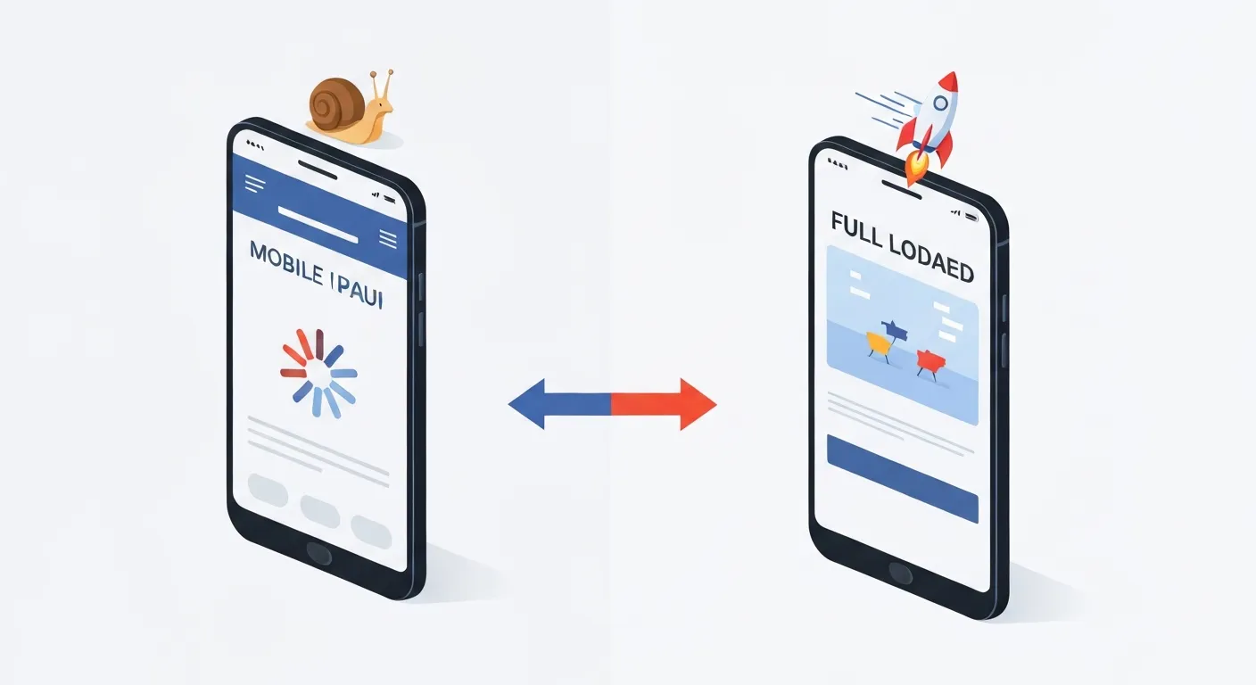 Porównanie dwóch smartfonów: po lewej stronie telefon z wolno ładującą się stroną internetową i ikoną ślimaka, po prawej telefon z natychmiastowo załadowaną reklamą Instant Experience i ikoną rakiety, symbolizującą szybkość.