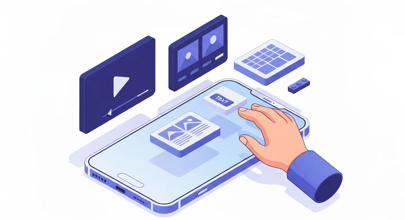 Ilustracja izometryczna przedstawiająca proces tworzenia reklamy Instant Experience. Dłoń marketera układa na ekranie smartfona interaktywne bloki, takie jak wideo, karuzela, przycisk CTA i siatka produktów.