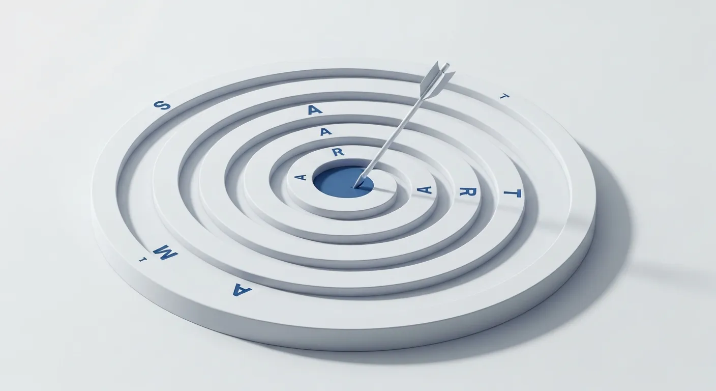 Izometryczna ilustracja tarczy strzelniczej z akronimem SMART na jej okręgach. Strzała trafia idealnie w środek, symbolizując precyzyjne wyznaczanie celów w marketingu.