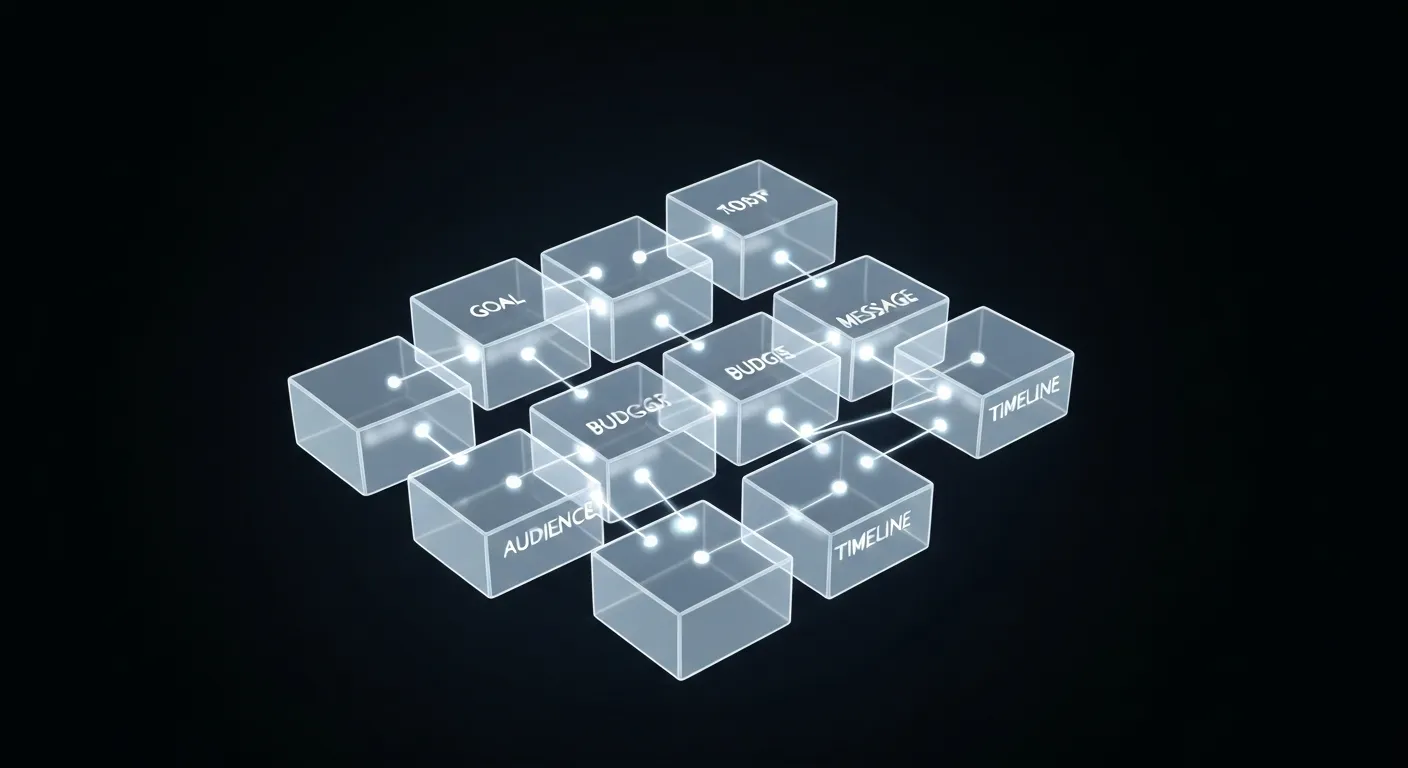 Abstrakcyjna wizualizacja danych przedstawiająca strukturę briefu jako trójwymiarowy schemat blokowy, z połączonymi elementami takimi jak 'Cel', 'Grupa Docelowa' i 'Budżet'.