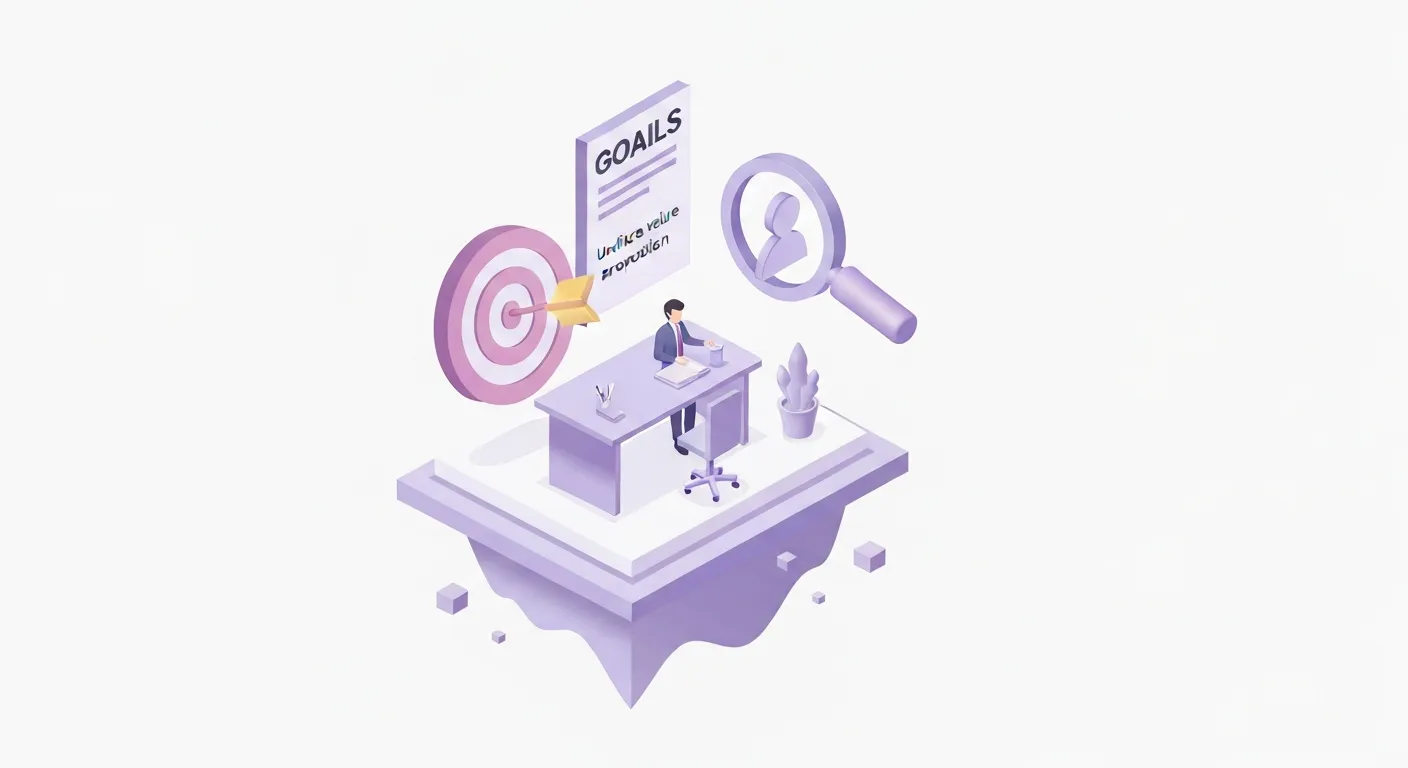 An isometric illustration of a desk where a person is assembling the strategic components of a newsletter. On the desk are blocks representing goals (a target icon), audience (a user profile icon), and unique value (a key icon), showcasing the foundational planning process.
